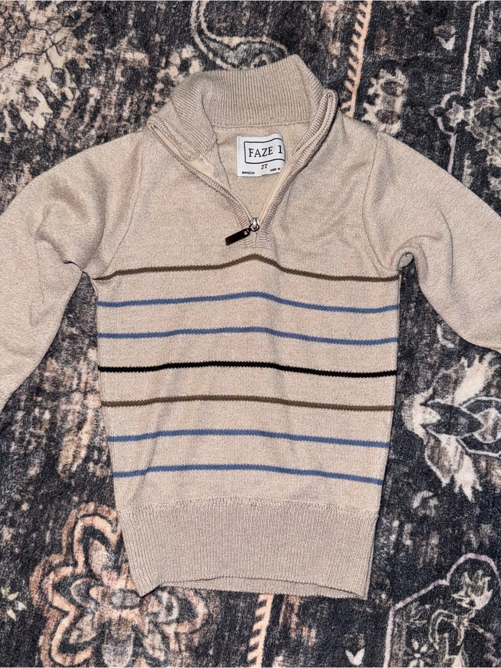 Toddlers Beige Half-Zip Sweater with Blue, Black & Brown Stripes 2T